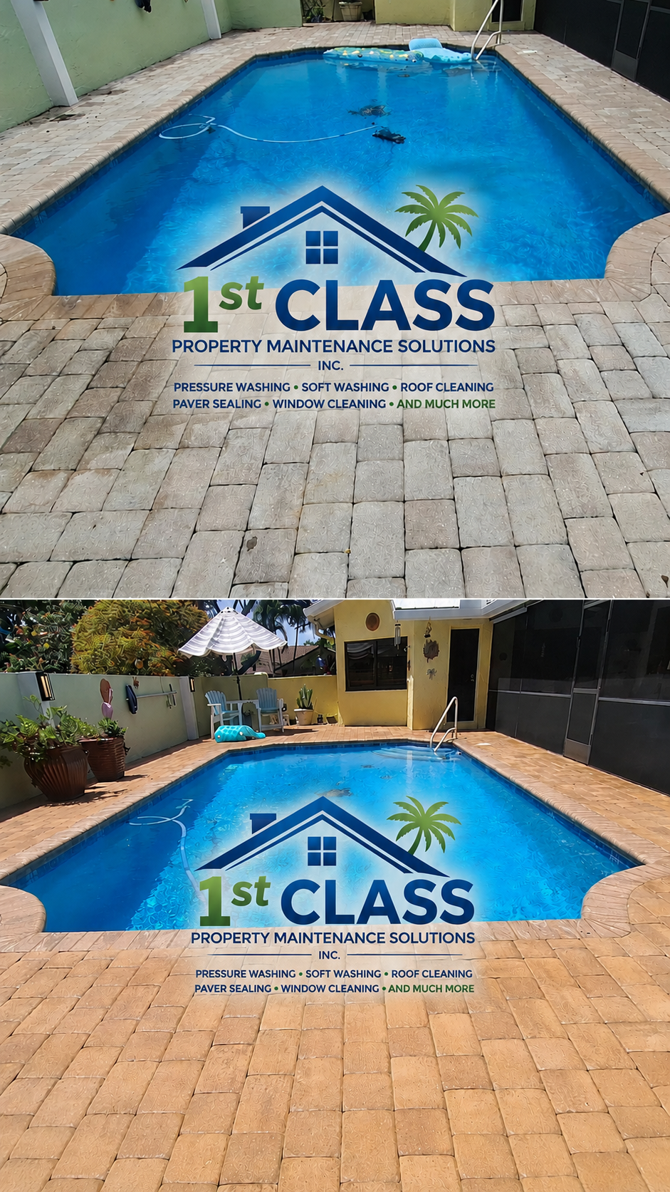 Before and after exterior cleaning and paver restoration in South Florida